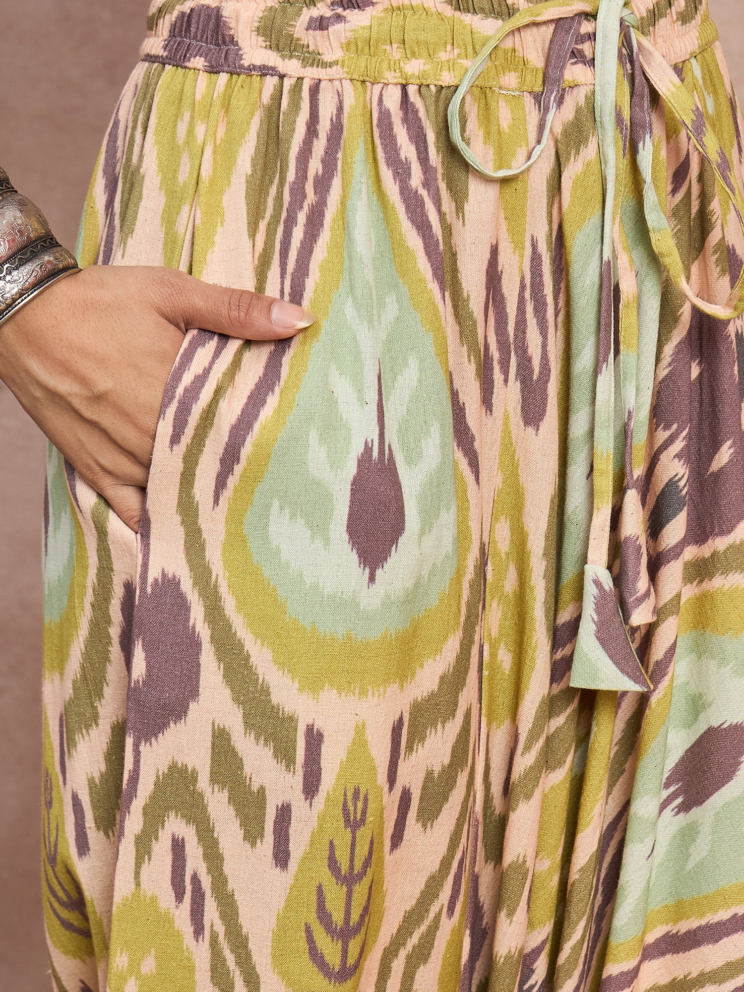 Olive Brown Ikkat Print  Cowl Harem Pant