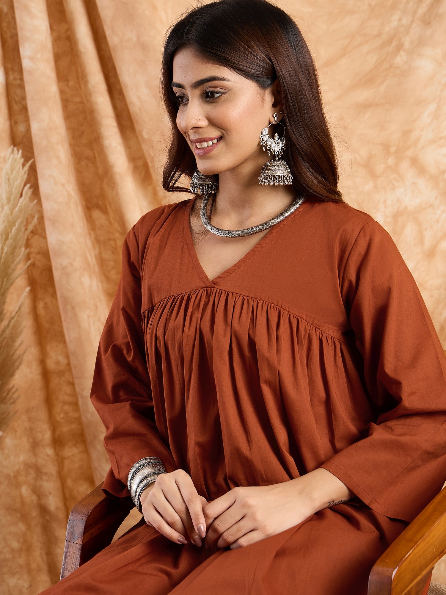 Rust V Neck Flared Kurta Set