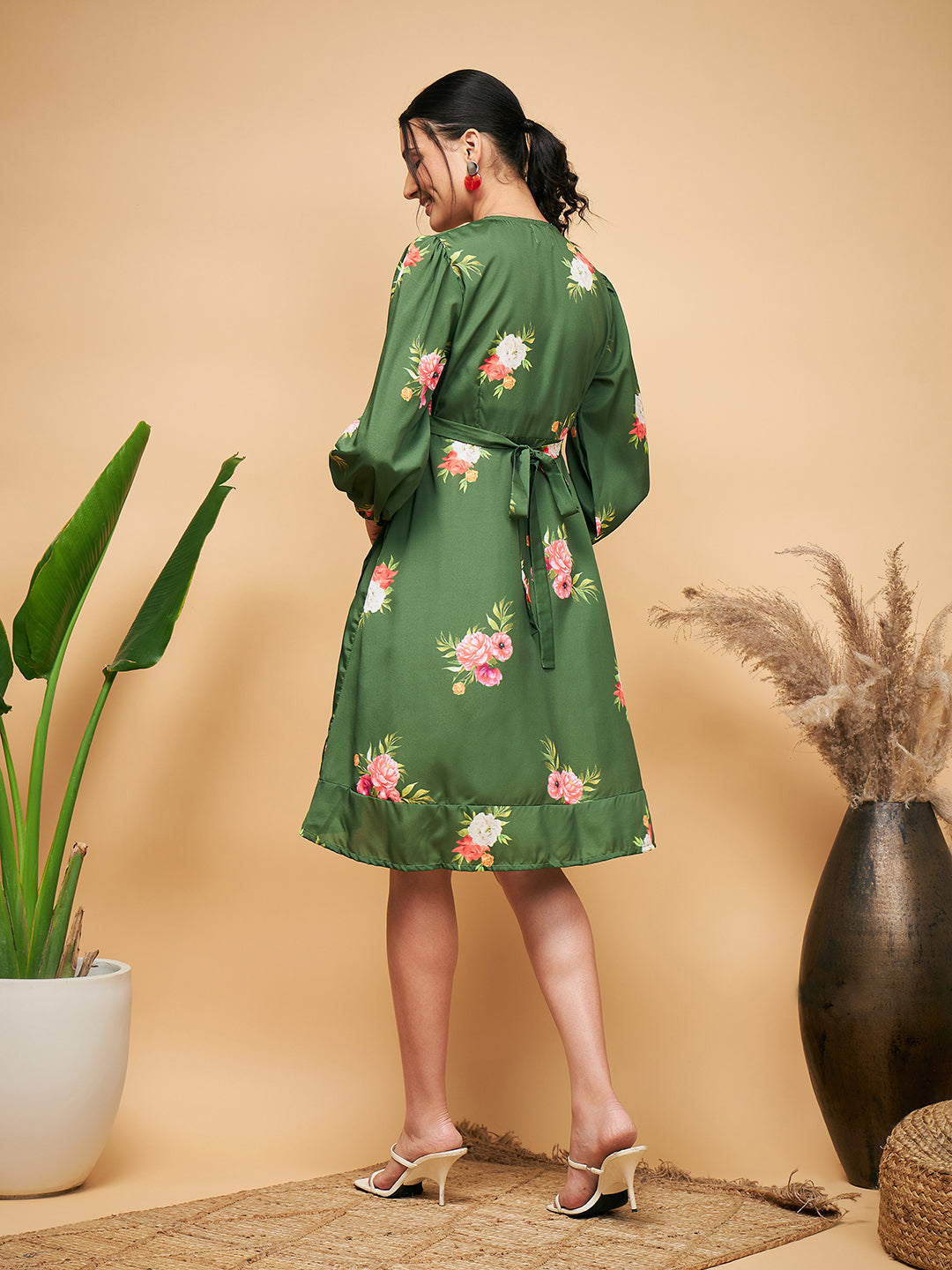 Green Small Flower Belted Dress