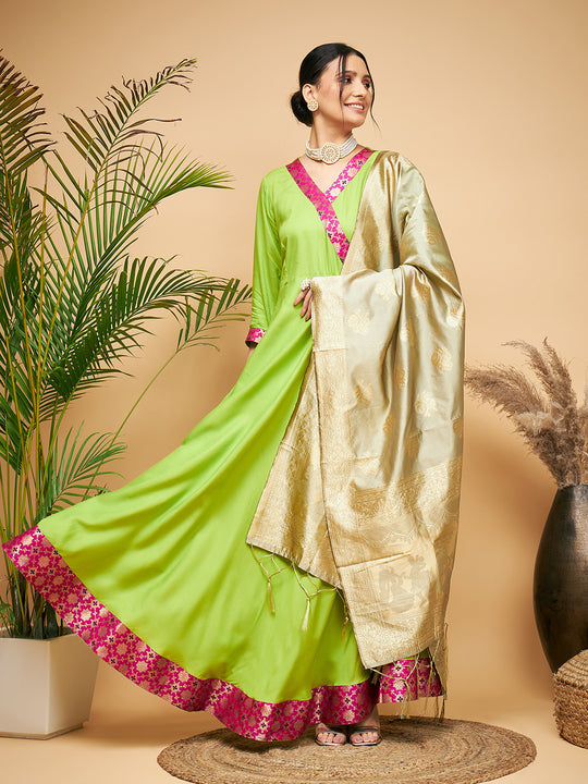 Lime Green Pink Border Anarkali  W Golden Wedding Brocade Dupatta