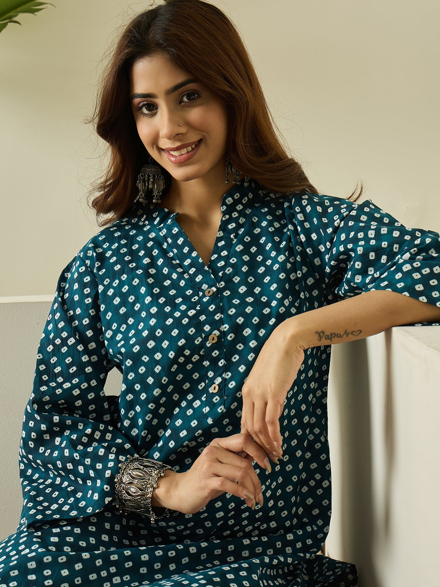 Navy Teal White Dot Kurta White Salwar Set