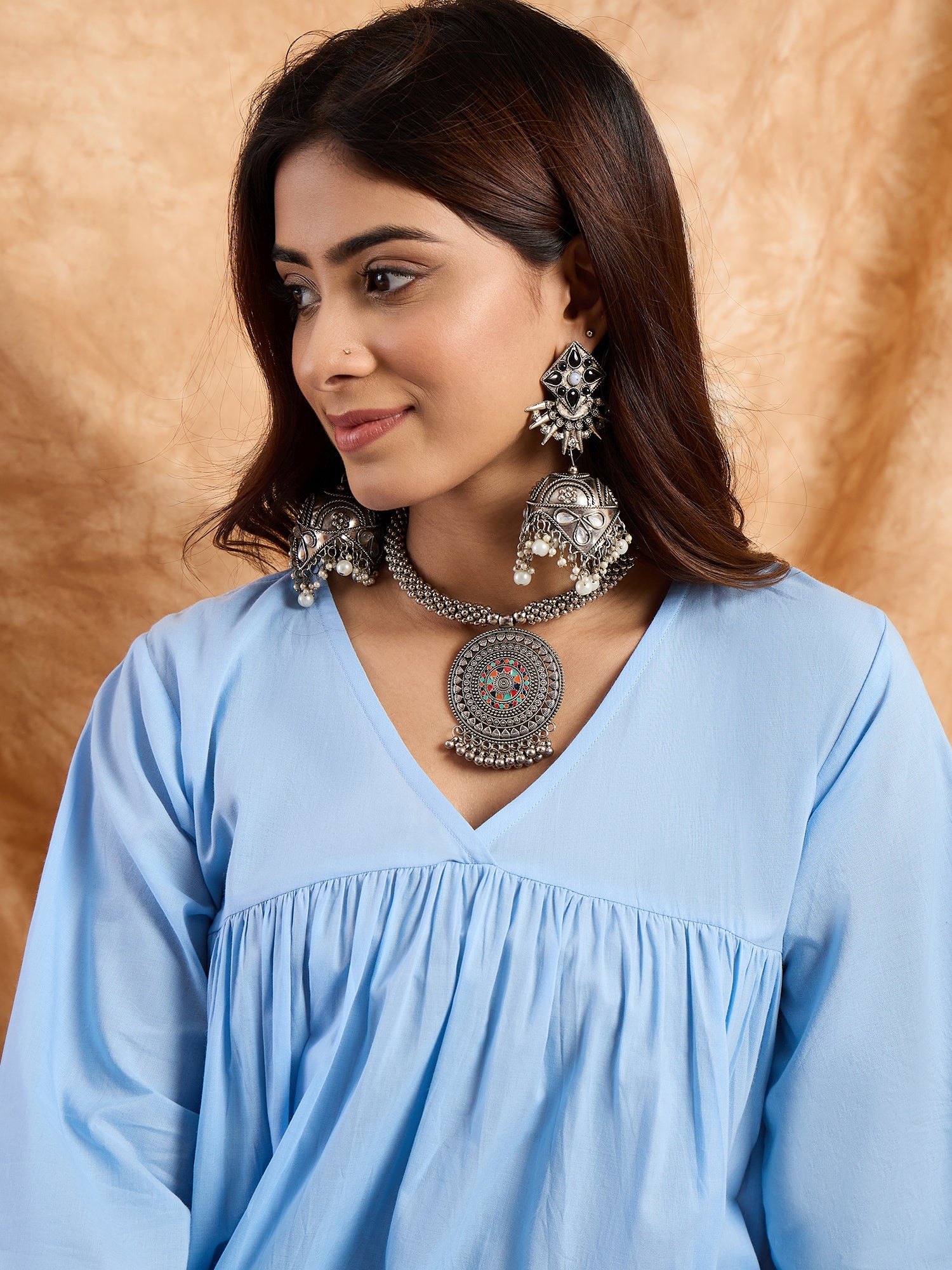 Light Blue Pastel V Neck Flared Kurta Set
