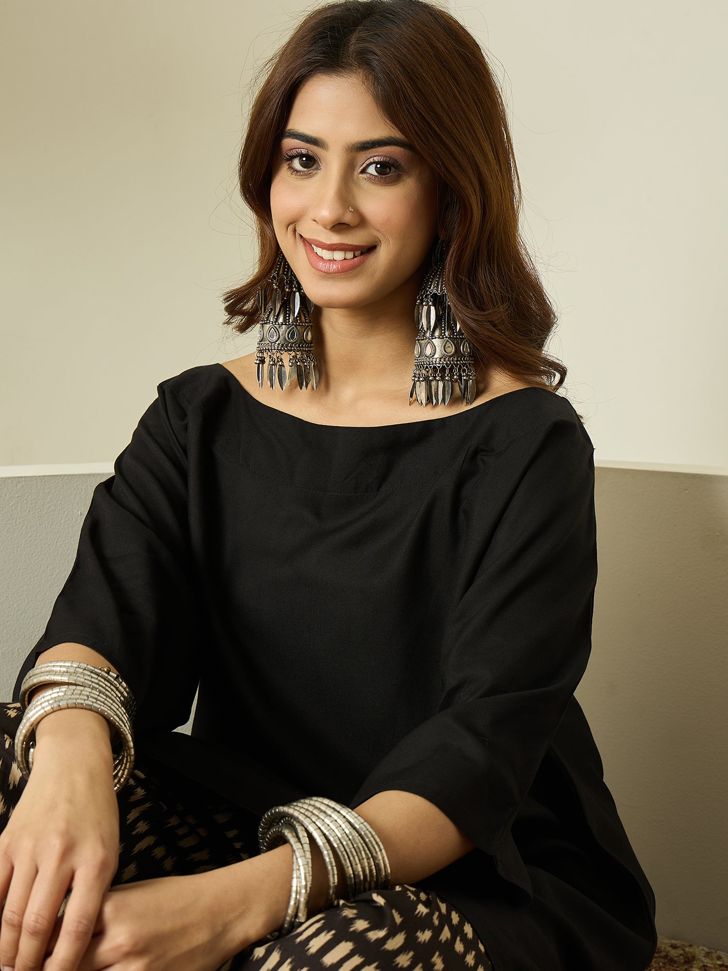 Black Boat Neck Black Ikkat Salwar Set