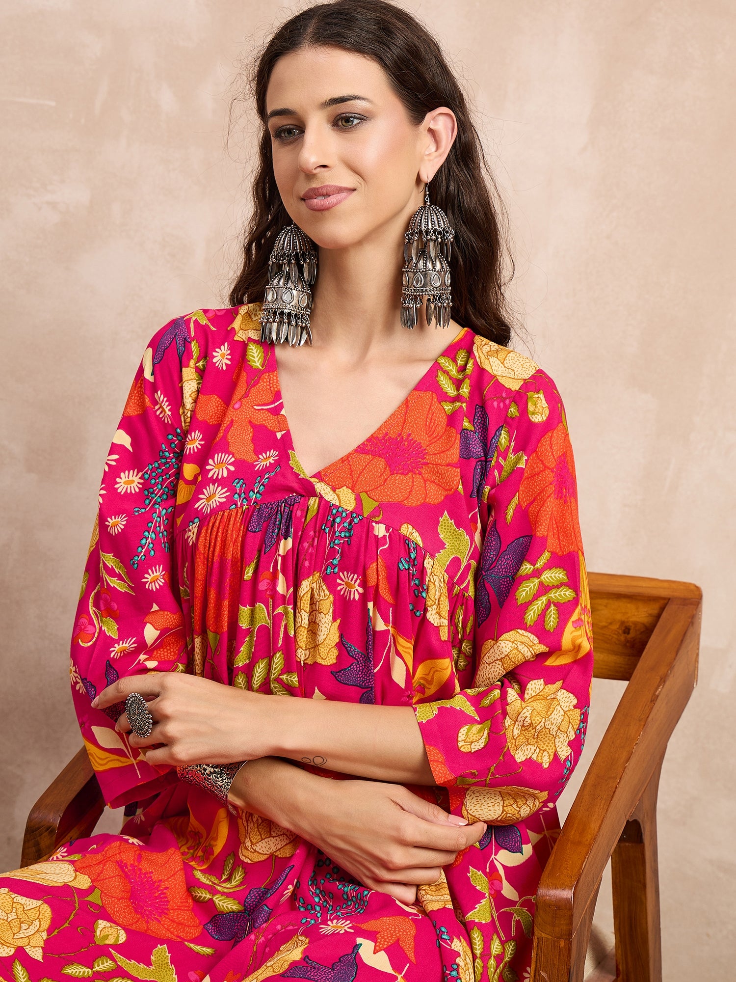 Rani Pink Rose Print Flared Kurta Set