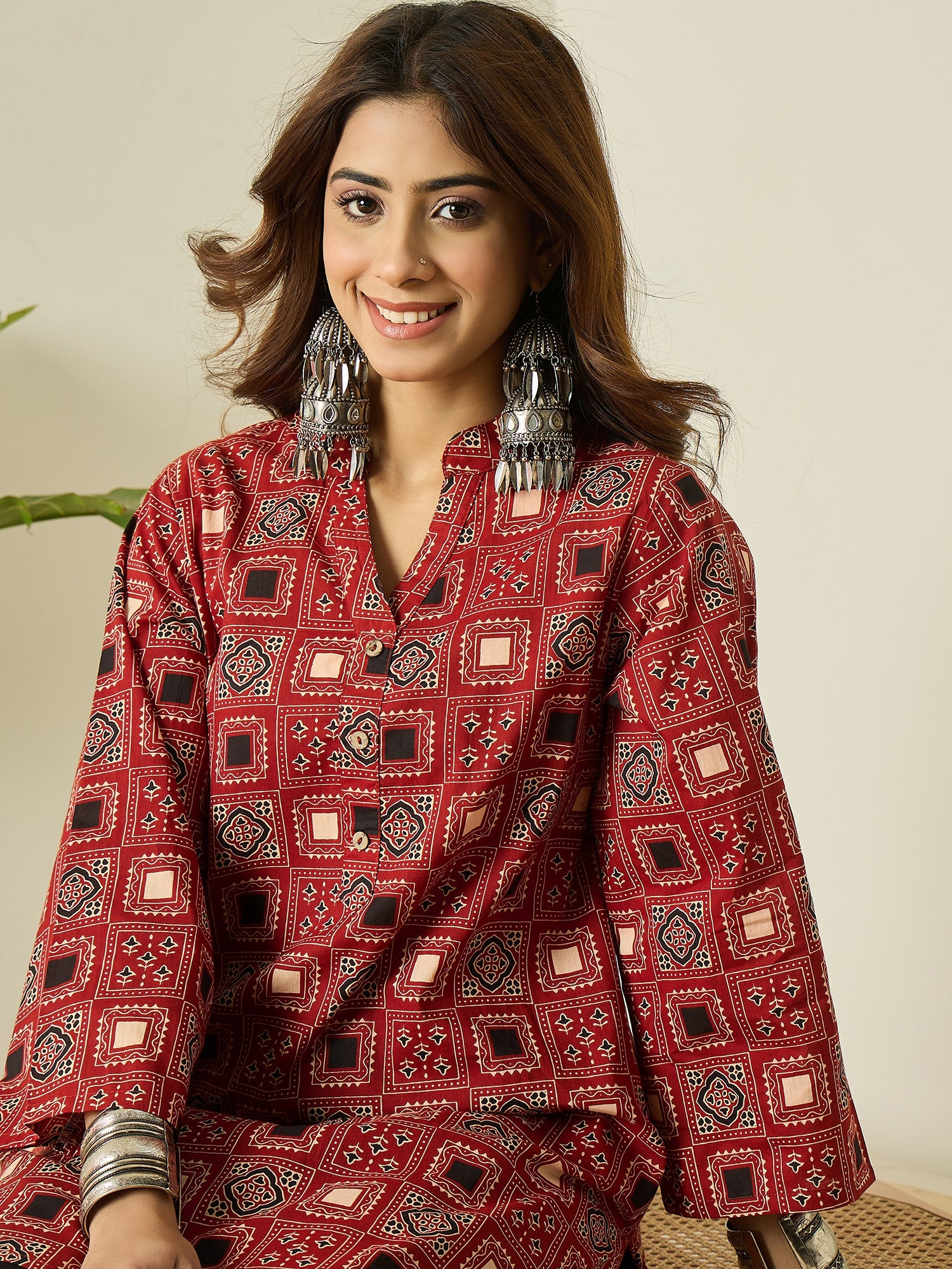 Rust Black Ethnic Kurta White Salwar Set