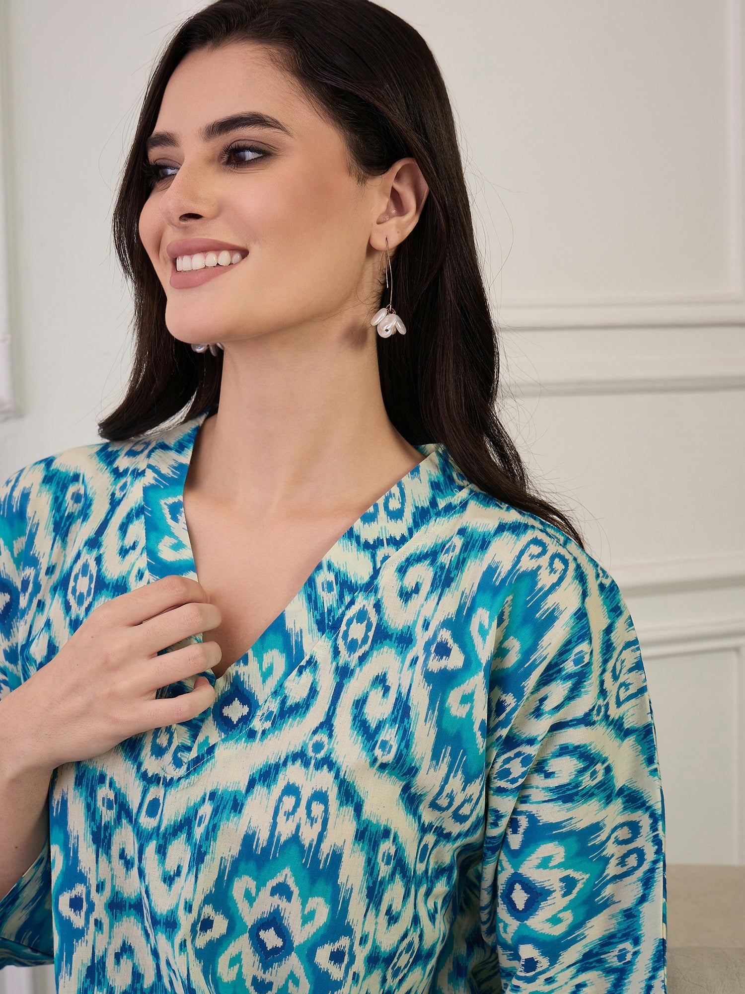 Cream Blue Ikkat Print V Neck Long Dress