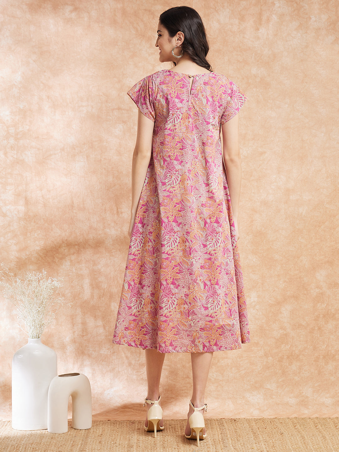 Pink Coral Floral Print A Line Dress