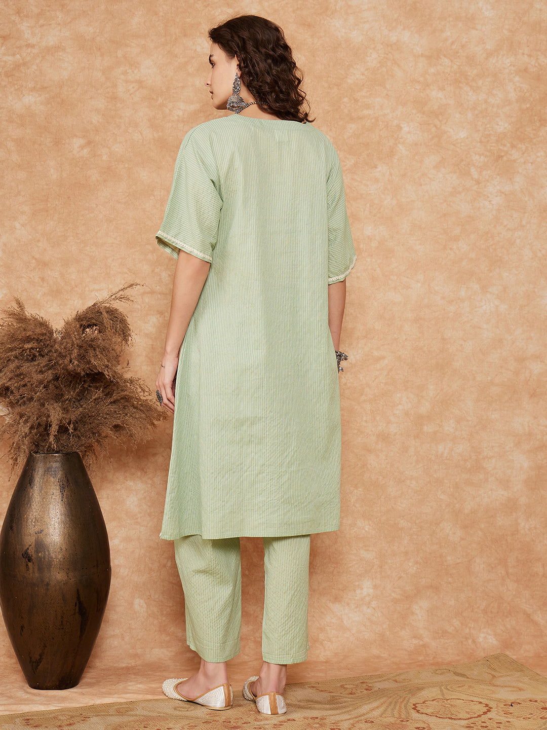 Sage Green Kantha Lace Wrok Kimono Sleeve Kurta Set