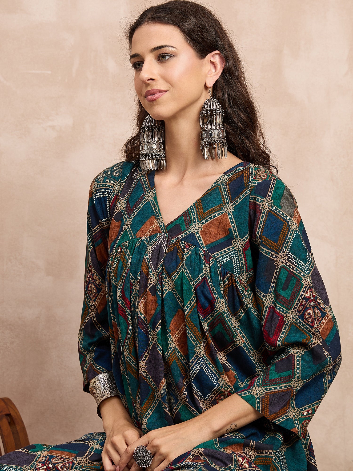 Blue Multi Square Print Flared Kurta Set