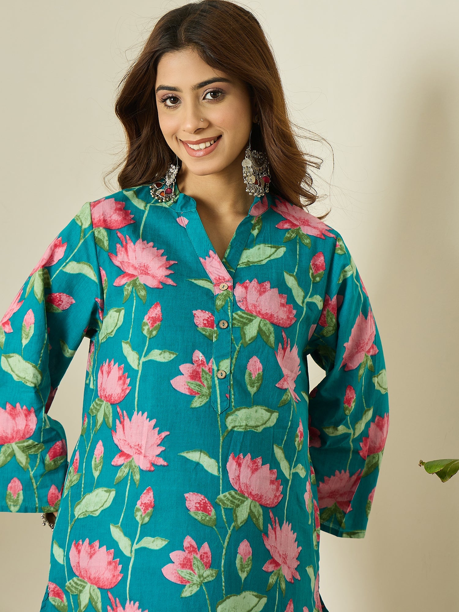 Teal Blue Lotus Kurta White Salwar Set