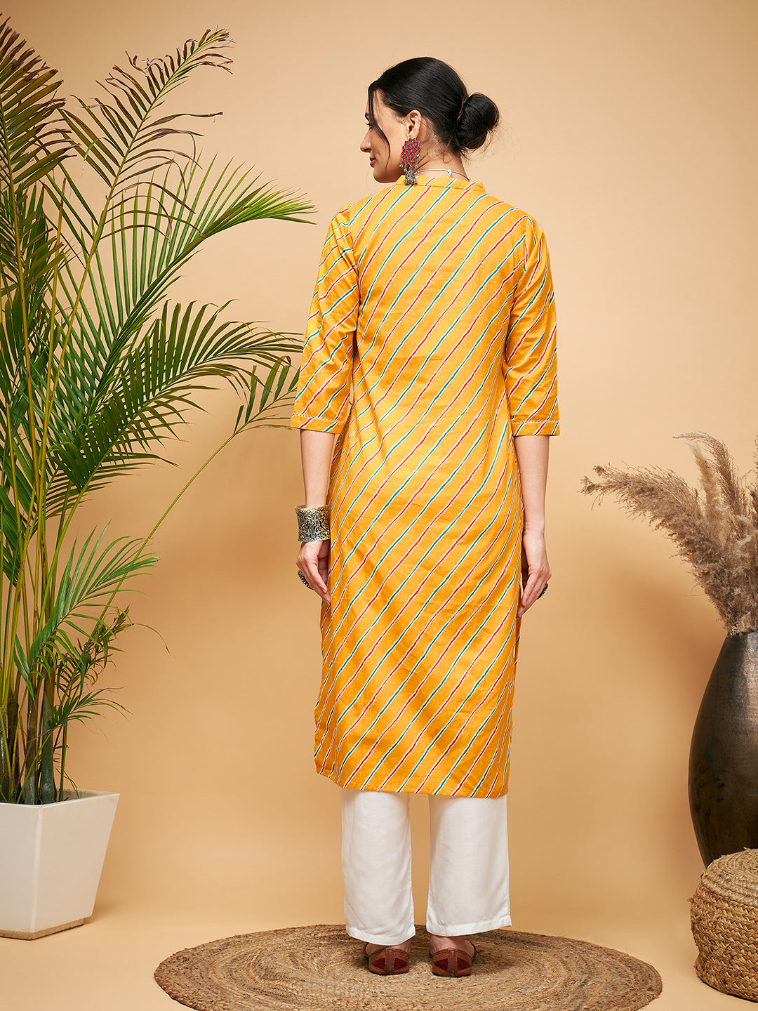 Mustard Lehriya  Angrakha Style Straight Kurta Pant Set