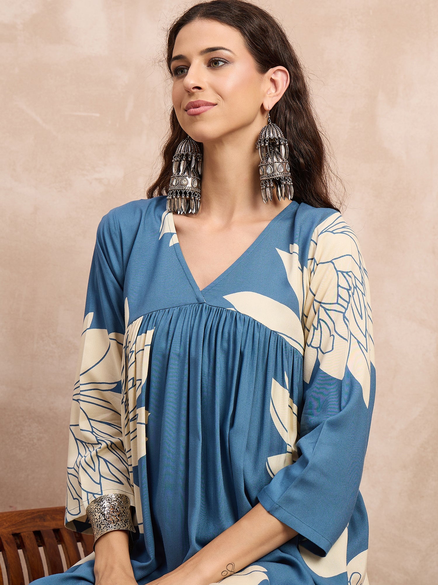 Blue Big Lotus Print Flared Kurta Set