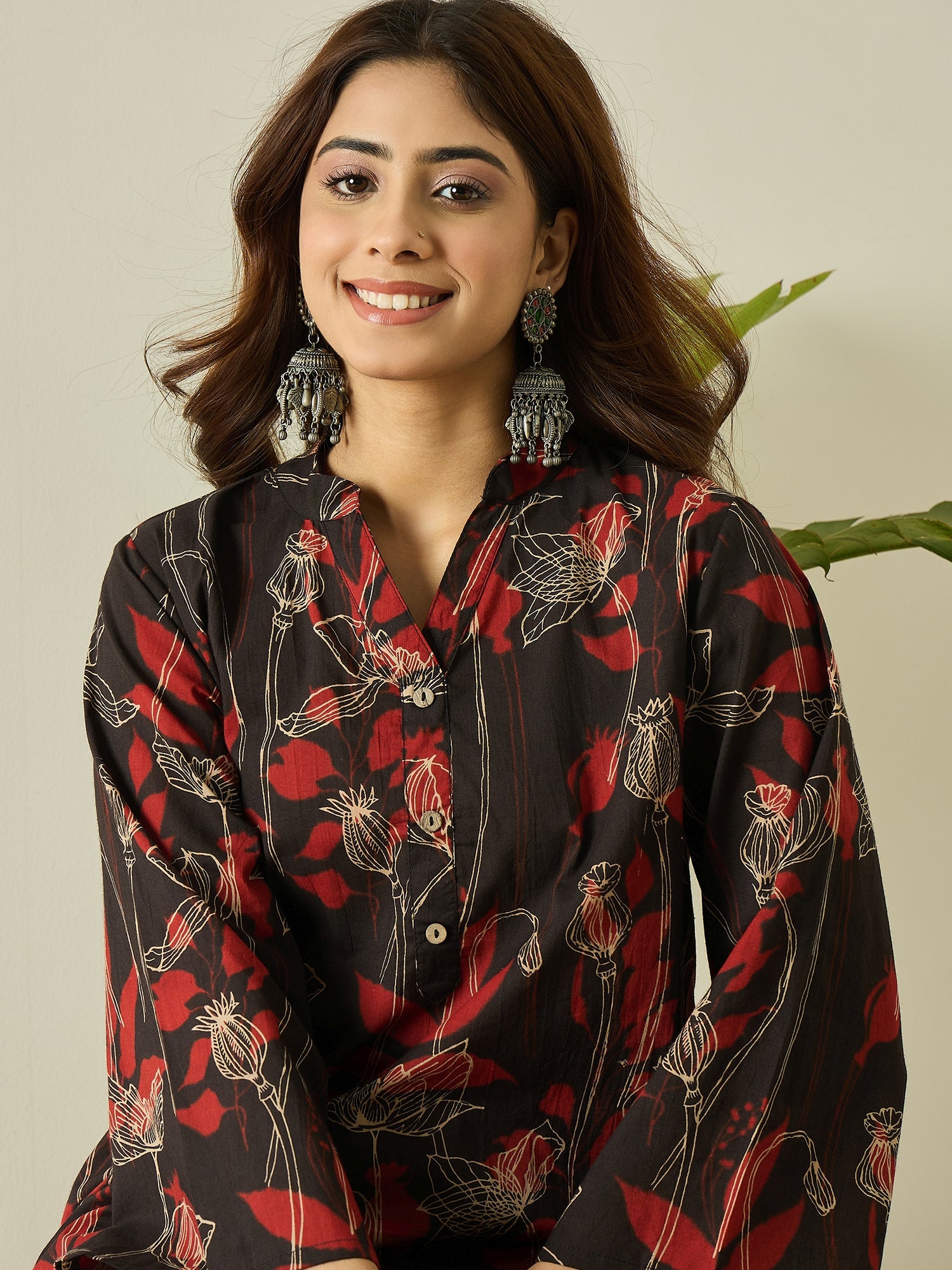 Black Maroon Leaf Kurta White Salwar Set