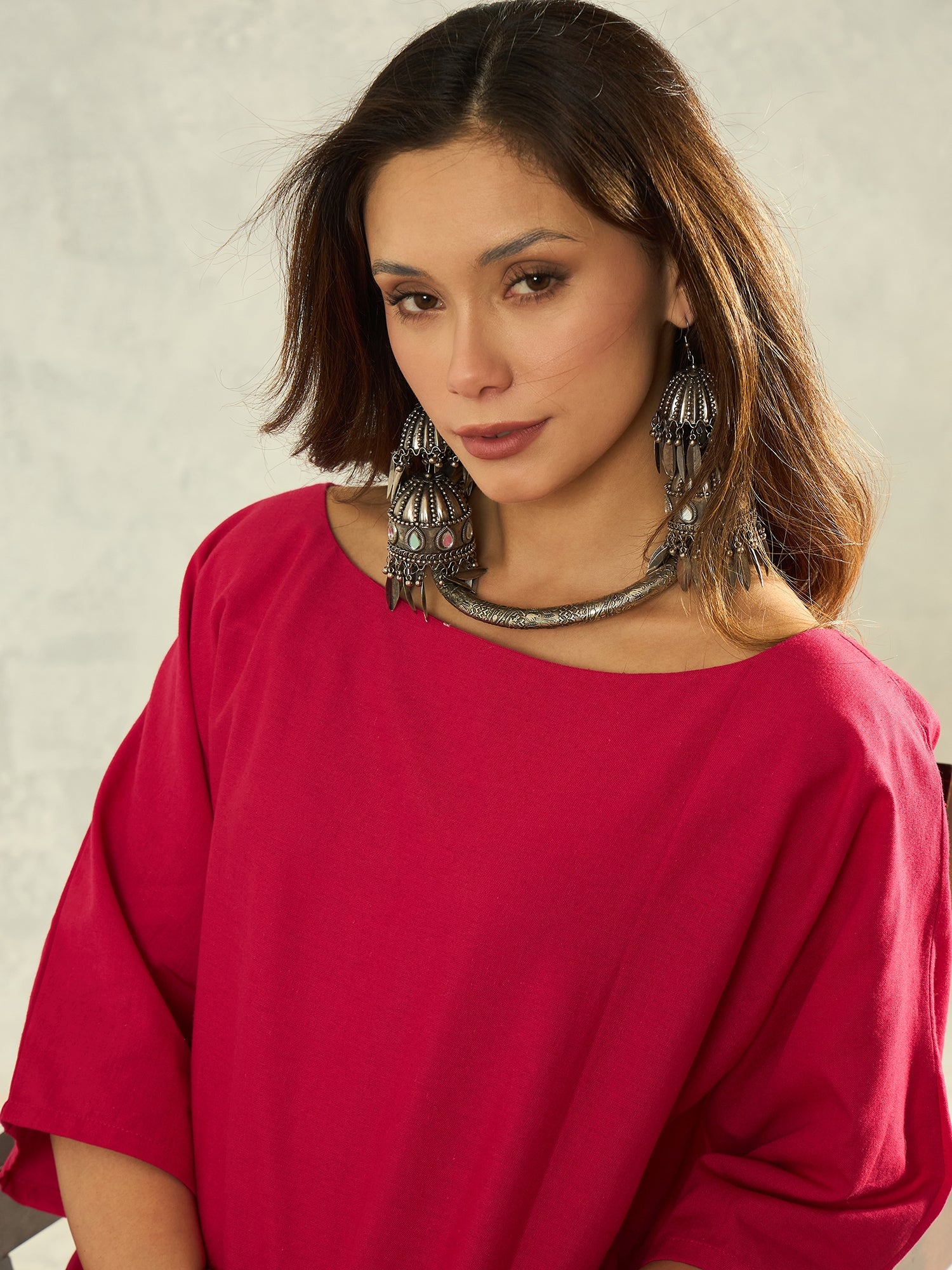 Dark Pink Boat Neck White Palazzo Set