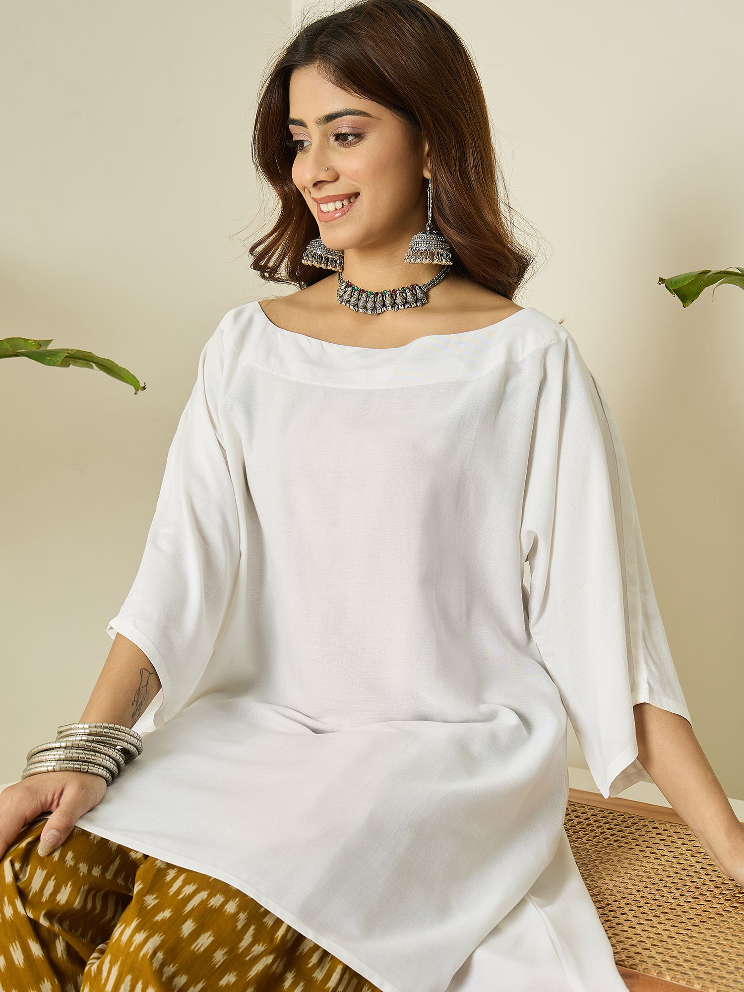 White Boat Neck Yellow Ikkat Salwar Set