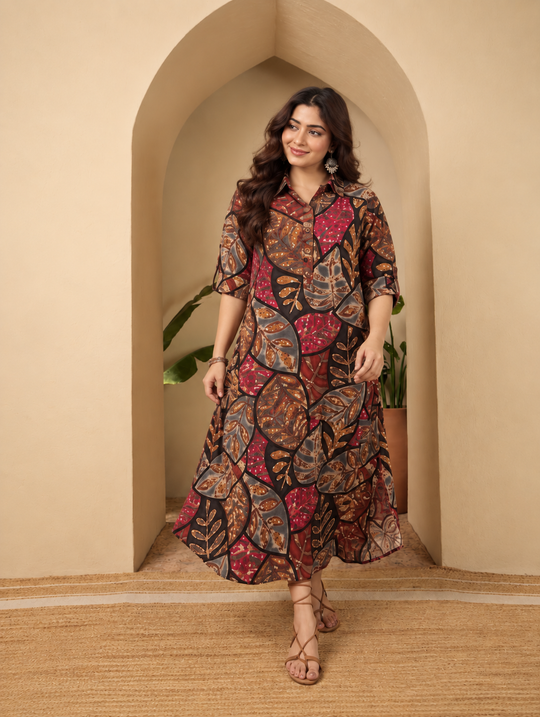 Black Grey Leaf Shirt Collar Long Dress