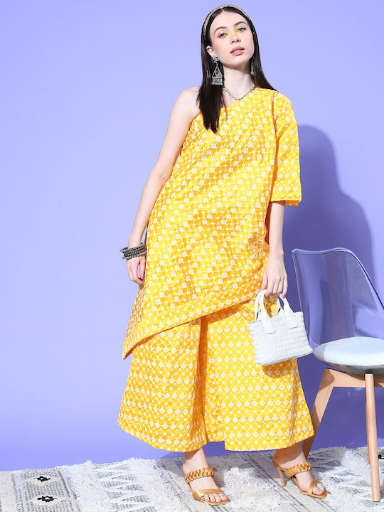 Light Yellow Mirror Work Oneshoulder Kurta Set