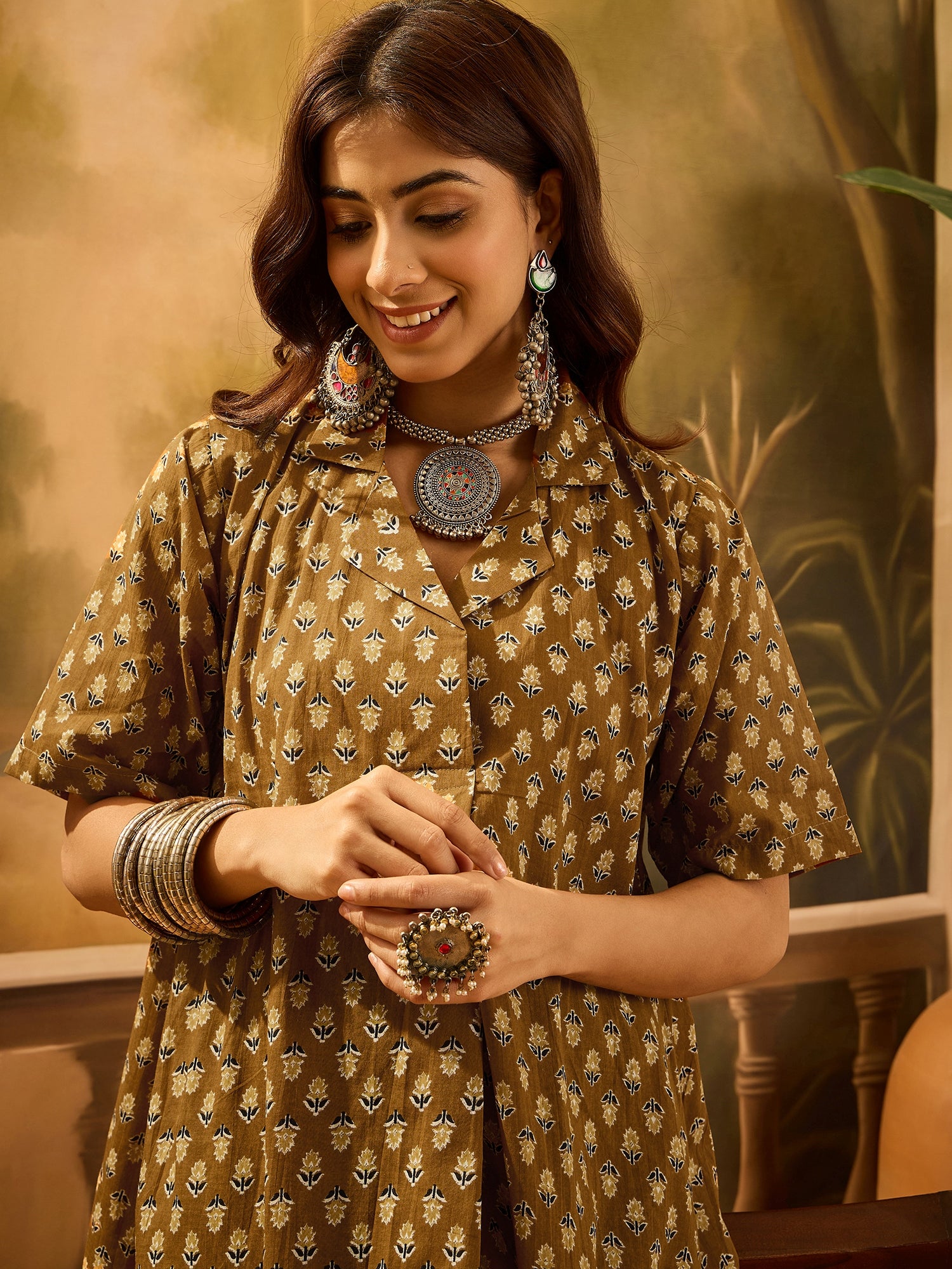 Dark Yellow Booti Collar Dress