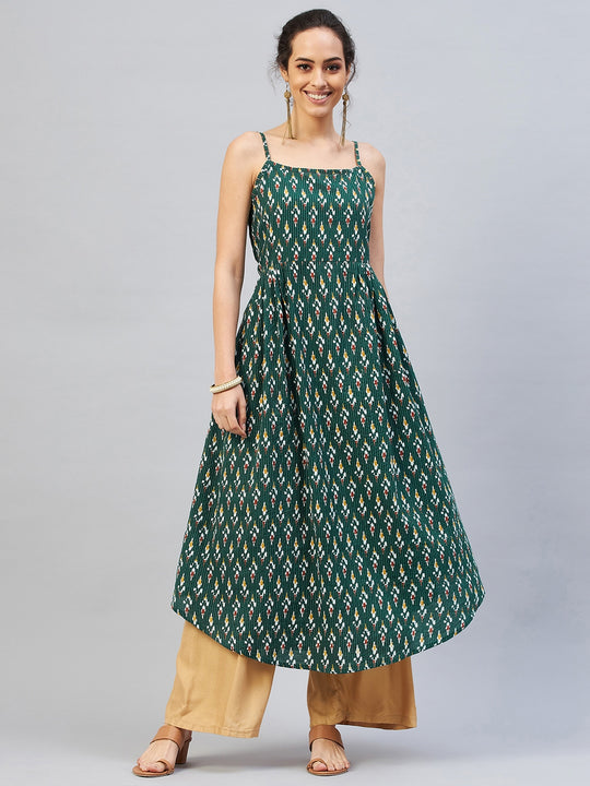 Green Kantha Ikkat Strappy Kurta