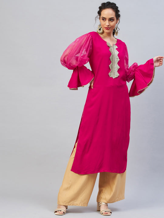 Fuschia Organza Sleeve Gota Work Kurta