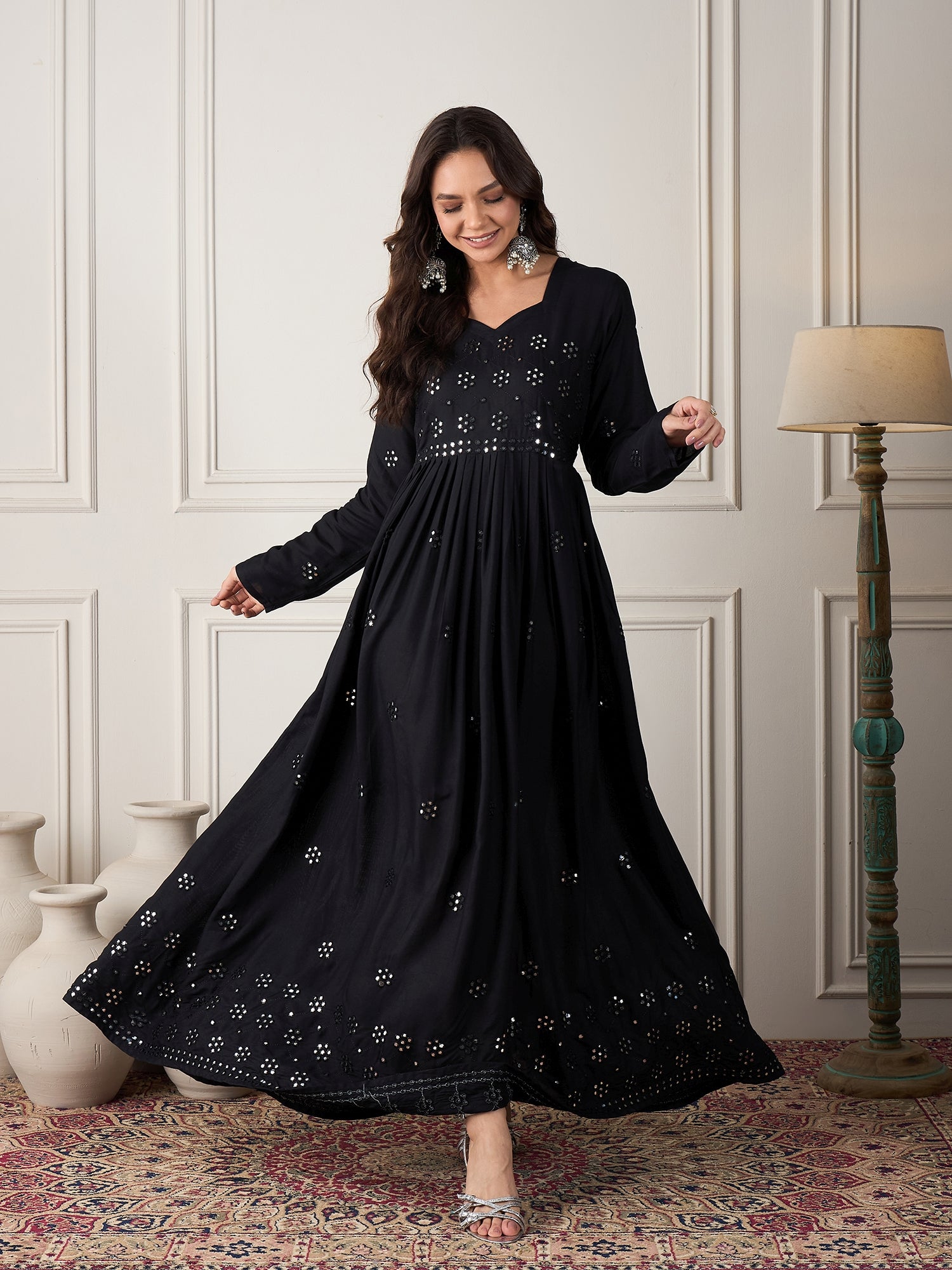 Black Mirror Work Long Anarkali Kurta S