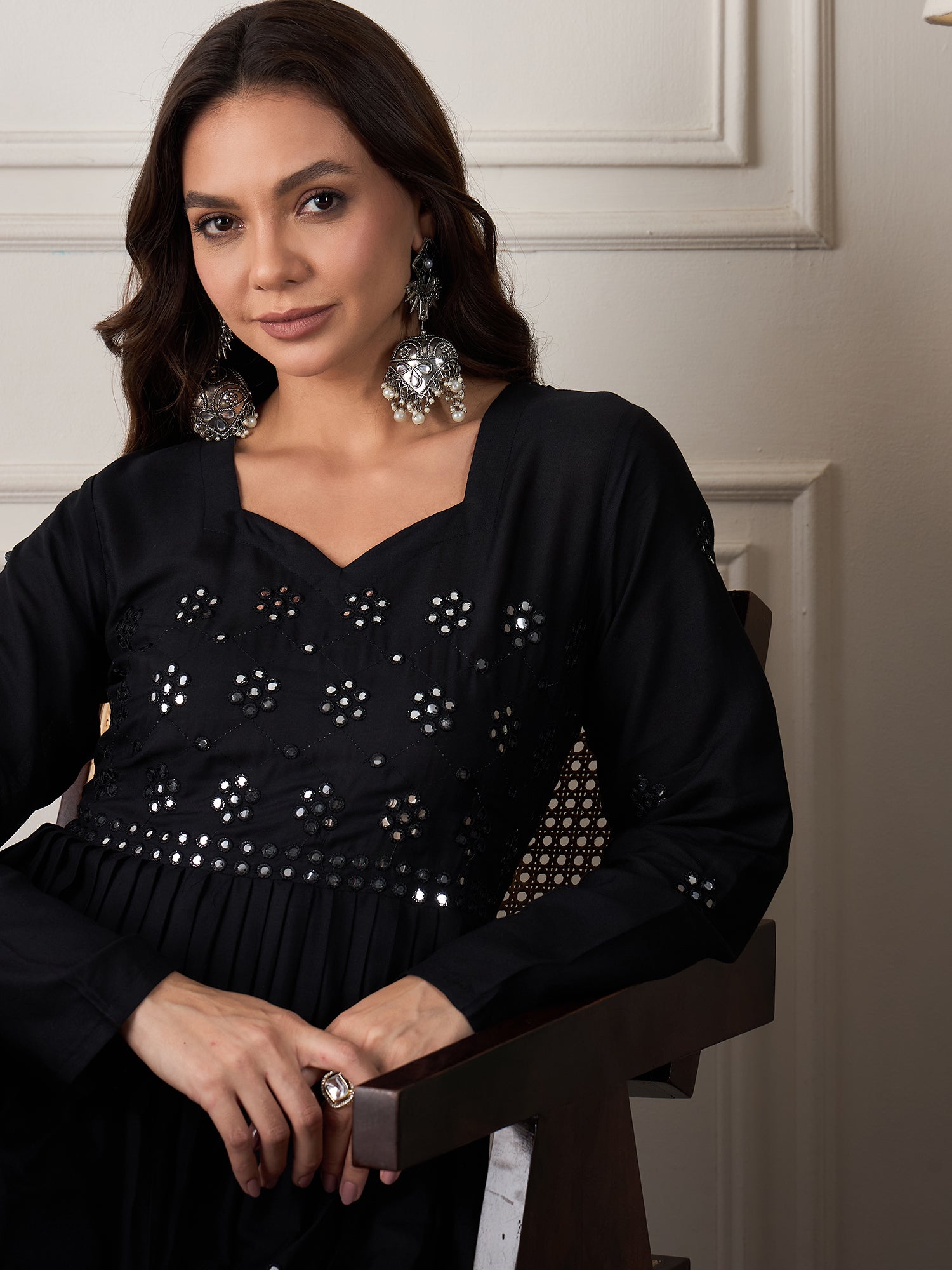 InWeave Black Mirror Work Long Anarkali Kurta S for Women InWeave Black Mirror Work Long Anarkali Kurta S for Women