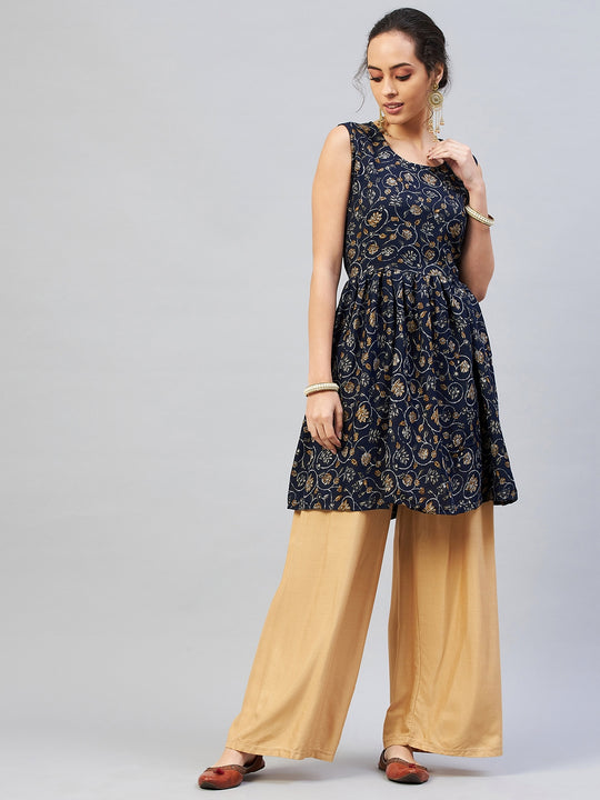 Blue Silver Gold Printed Kurta