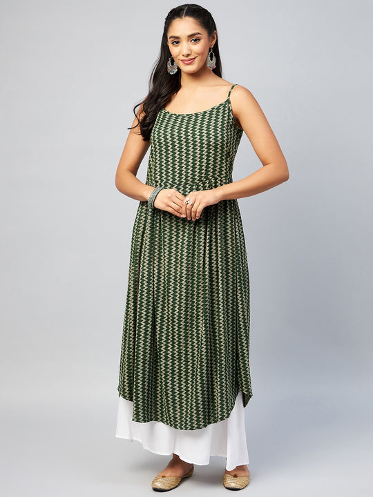 Green Zig Zag Print Strappy Kurta