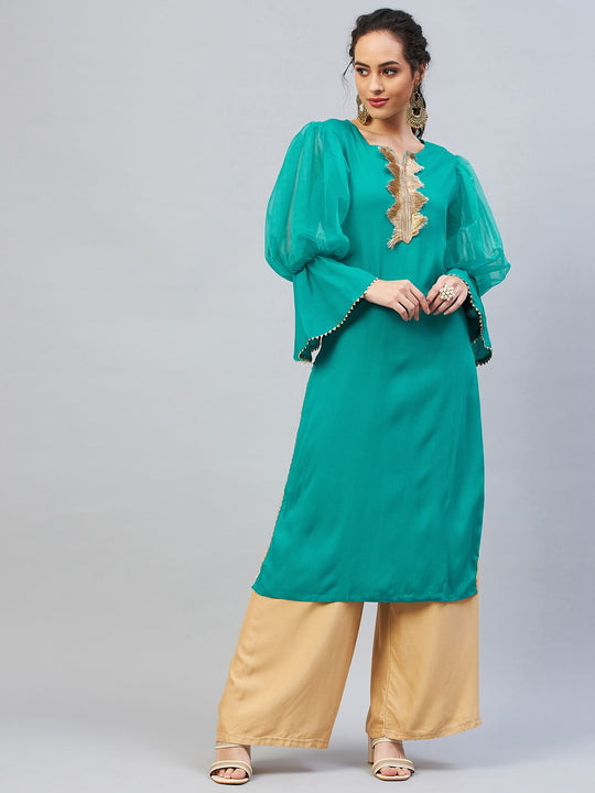 Aqua Blue Organza Sleeve Gota Work Kurta