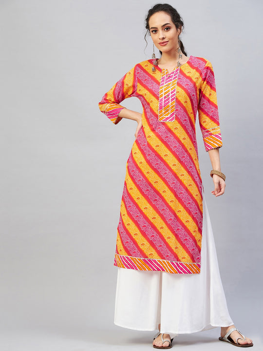 Pink Mustard Lehriya Straight Kurta