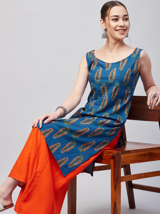 Blue Orange Leaf Straight W/U Kurta