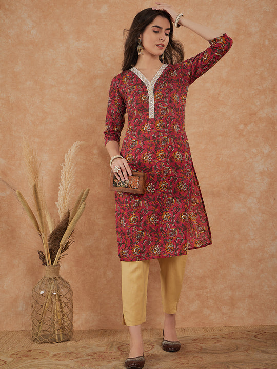 Malbec Pink Floral Jaal White Lace V Neck Straight Kurta