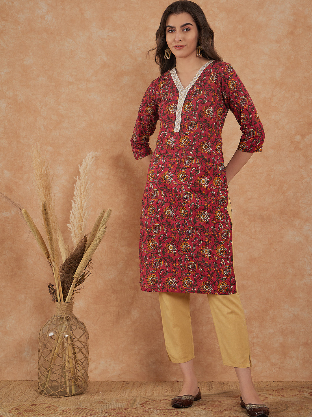 Malbec Pink Floral Jaal White Lace V Neck Straight Kurta