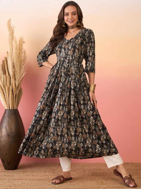 Black Ikkat Print Foil Long Anarkali Kurta