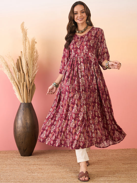 Burgundy Ikkat Print Foil Long Anarkali Kurta