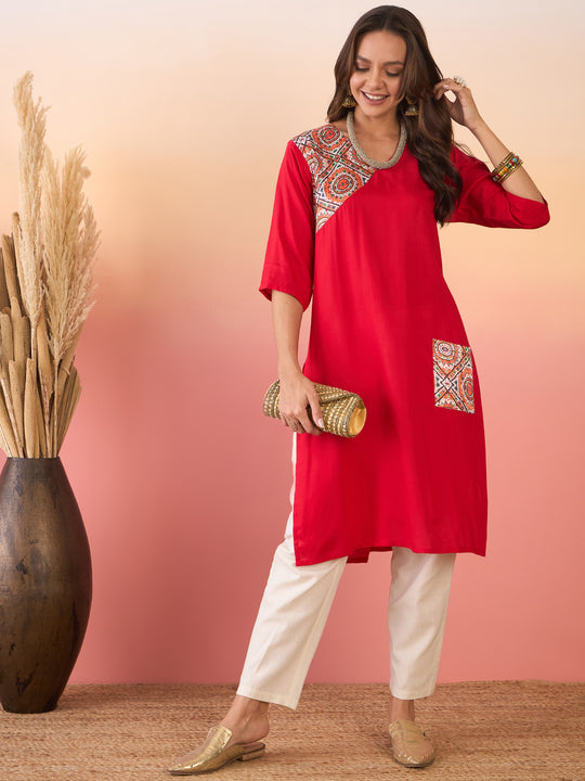 Red Orange Foil Patch Pocket V Neck Kurta