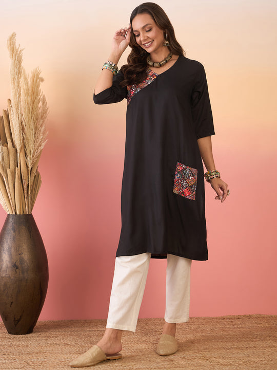 Black Multi Abstract Patch Pocket V Neck Kurta
