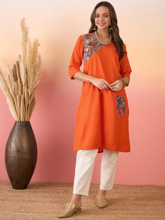 Orange Multi Abstract Patch Pocket V Neck Kurta