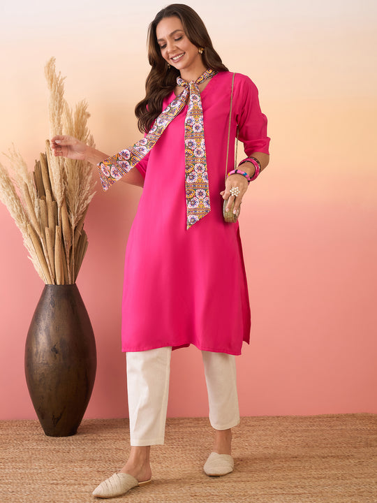 Fuchsia Yellow Foil Scarf Tie V Neck Kurta