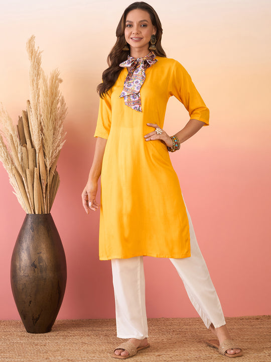 Yellow Yellow Foil Scarf Tie V Neck Kurta