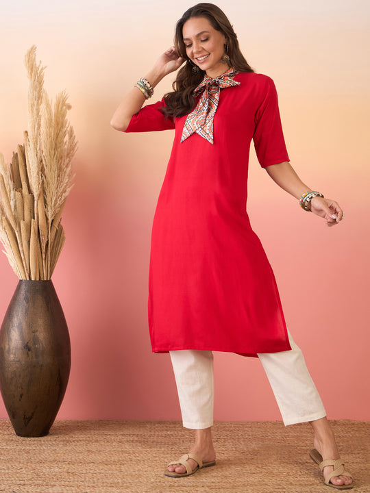 Red Orange Foil Scarf Tie V Neck Kurta