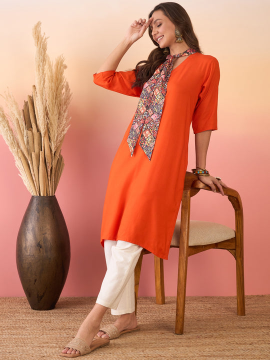 Orange Multi Abstract Scarf Tie V Neck Kurta