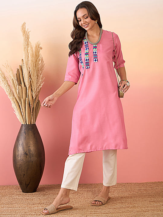 Bright Pink Linen Blue Teal Patti V Neck Kurta