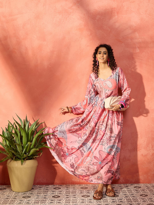 Salmon Pink Paisley Sweetheart Neck Long Anarkali Kurta