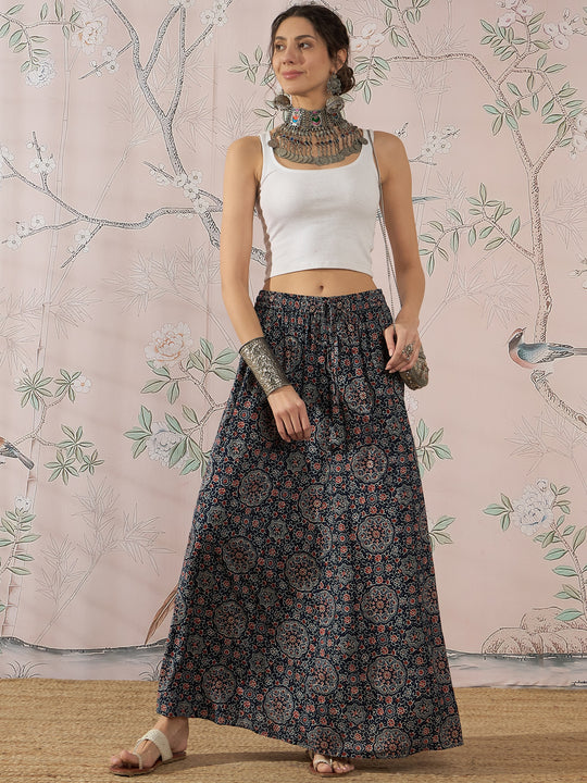 NAVY MAROON AJRAKH FR SKIRT