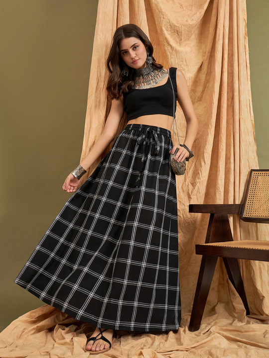 Black Plaid Check Skirt