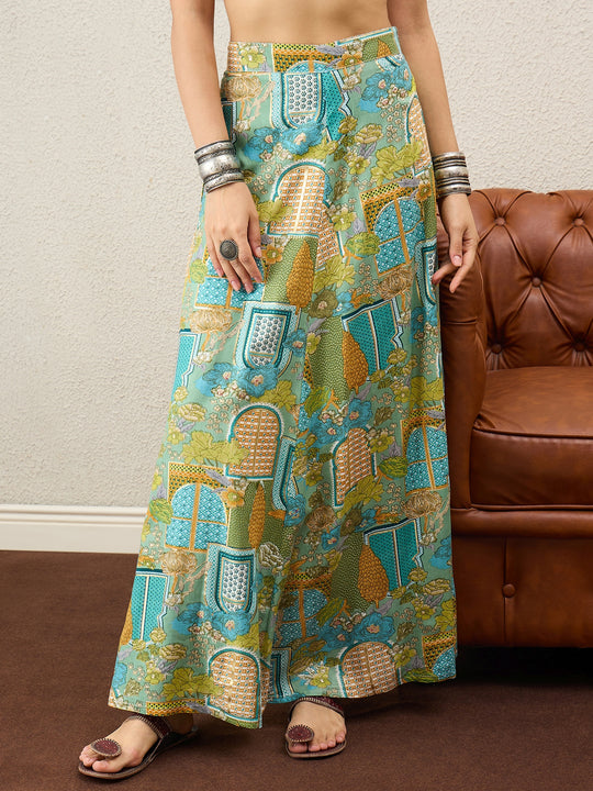 Pear Green Window Print A-Line Skirt