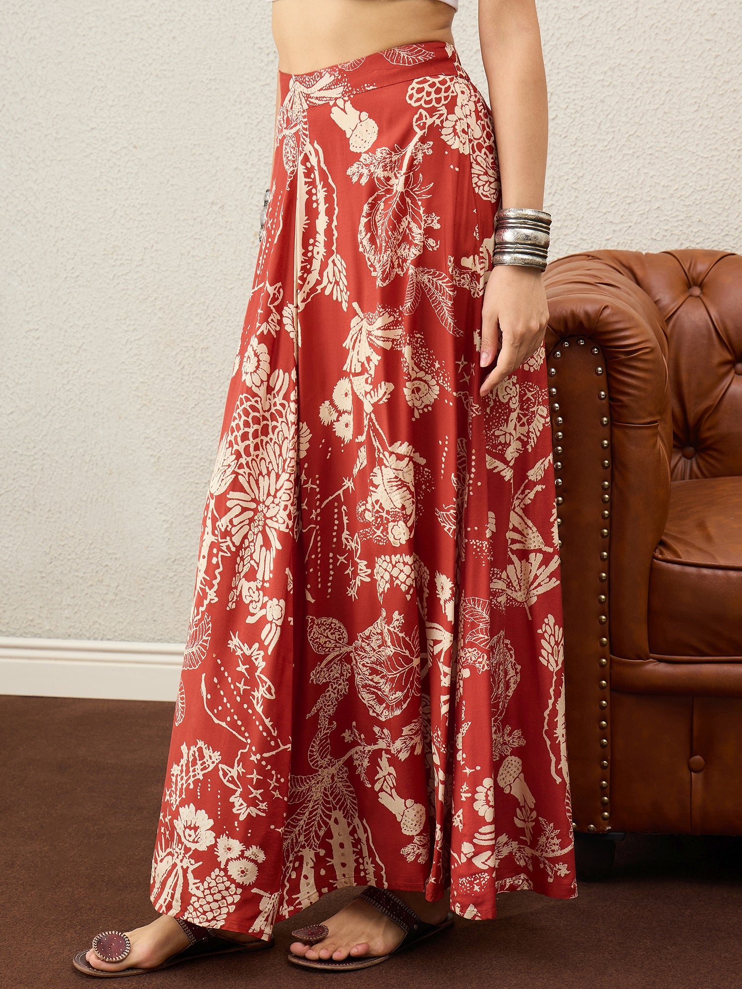 Rust Beige Foil A-Line Skirt