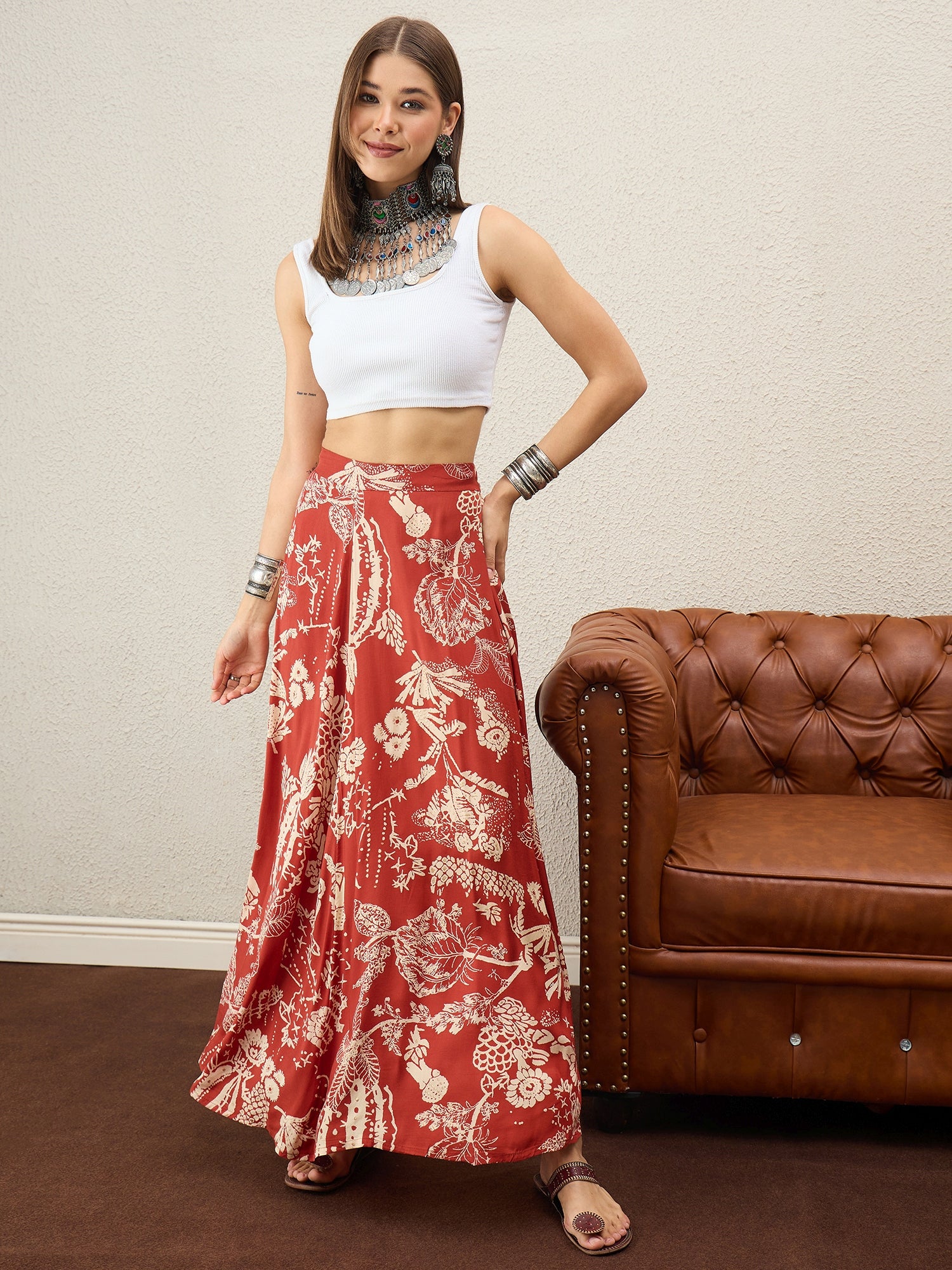 Rust Beige Foil A-Line Skirt