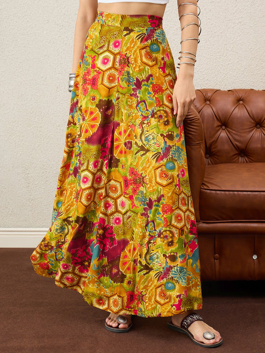 Mustard Multi Print A-Line Skirt